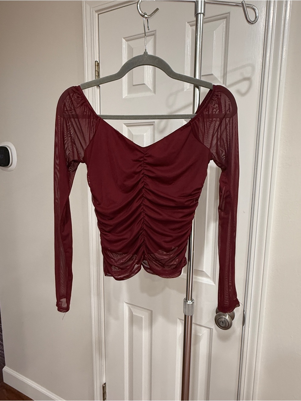 Macy's Burgundy Ruched Mesh Long Sleeve Top